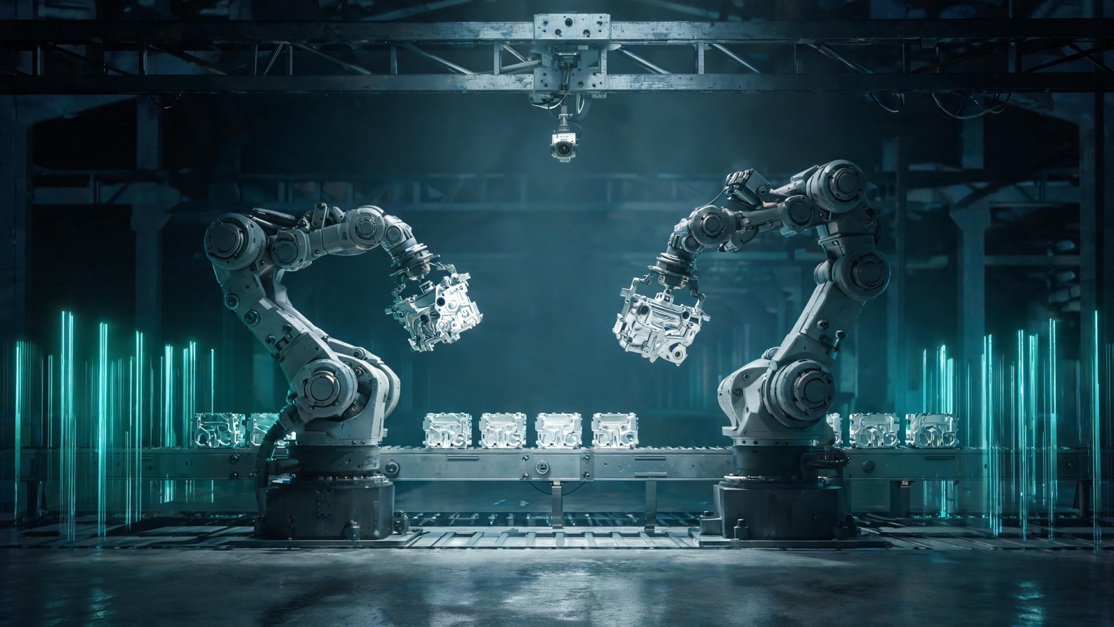 Six-axis industrial robot arms picking machined parts from a conveyor on an automated production line