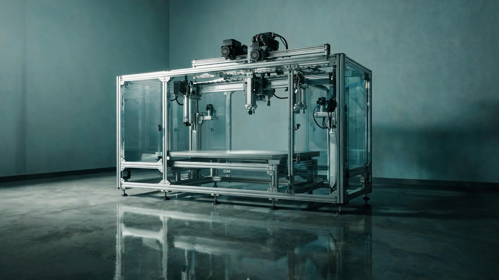 Custom-built industrial machine with aluminum extrusion frame, gantry axis, and safety guarding in a Charlotte NC machine shop
