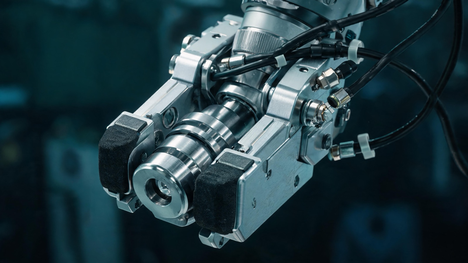 Close-up of custom end of arm tooling: machined aluminum gripper fingers holding a stainless steel part on a robotic wrist
