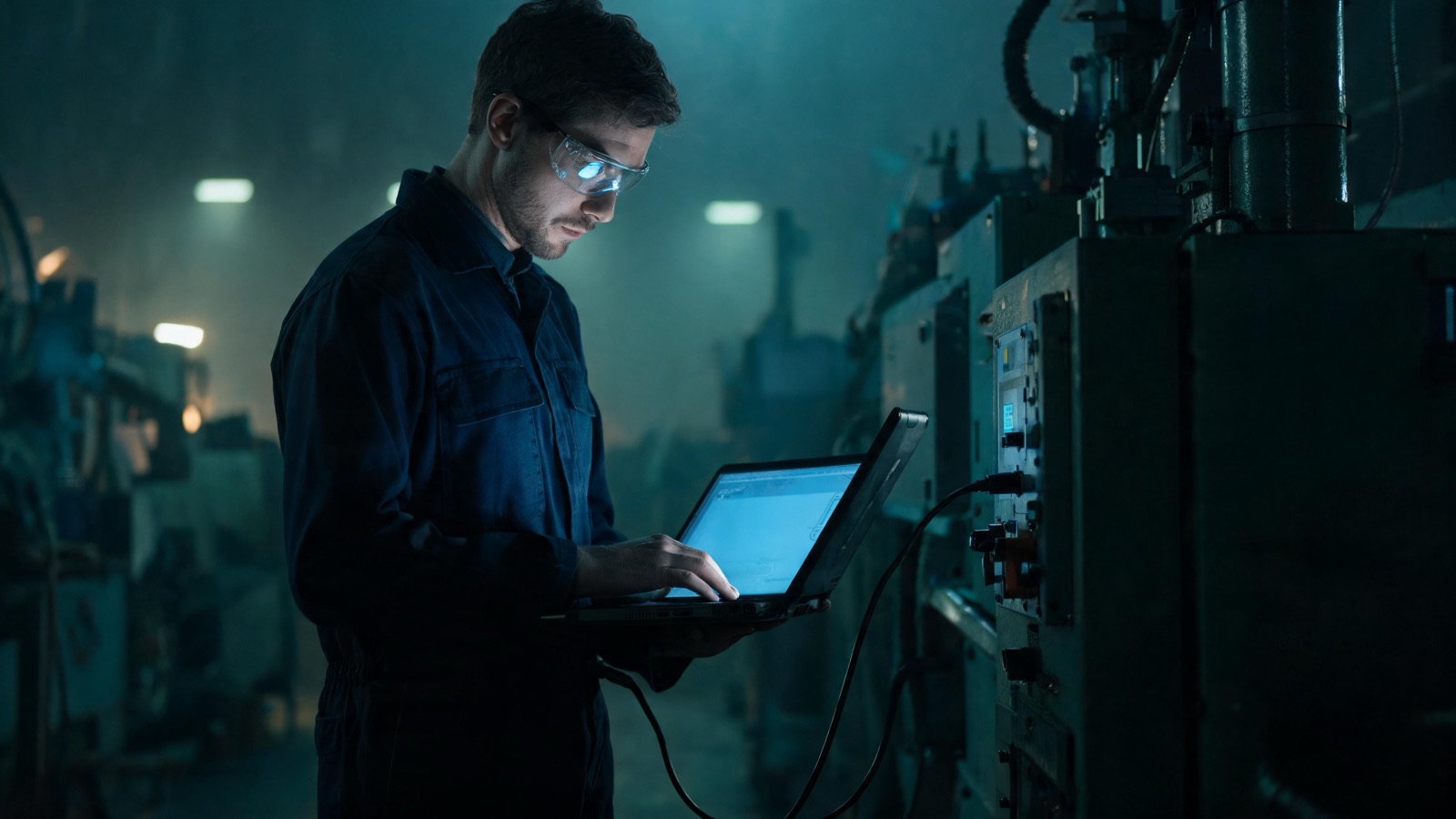 Field service engineer diagnosing an industrial machine on a plant floor with a laptop connected to the control cabinet