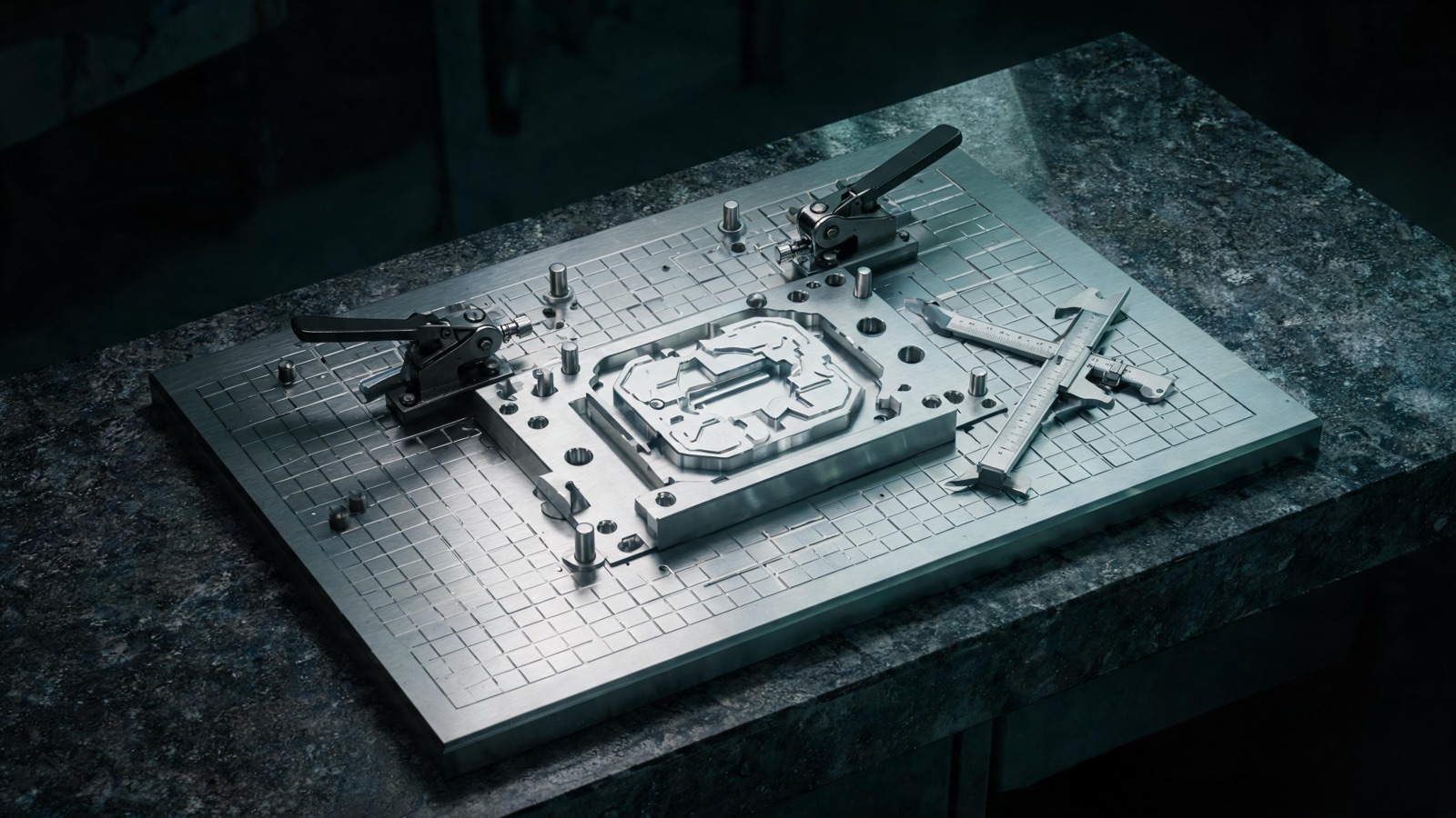 Precision machined aluminum workholding fixture with toggle clamps and dowel pins on a granite inspection table