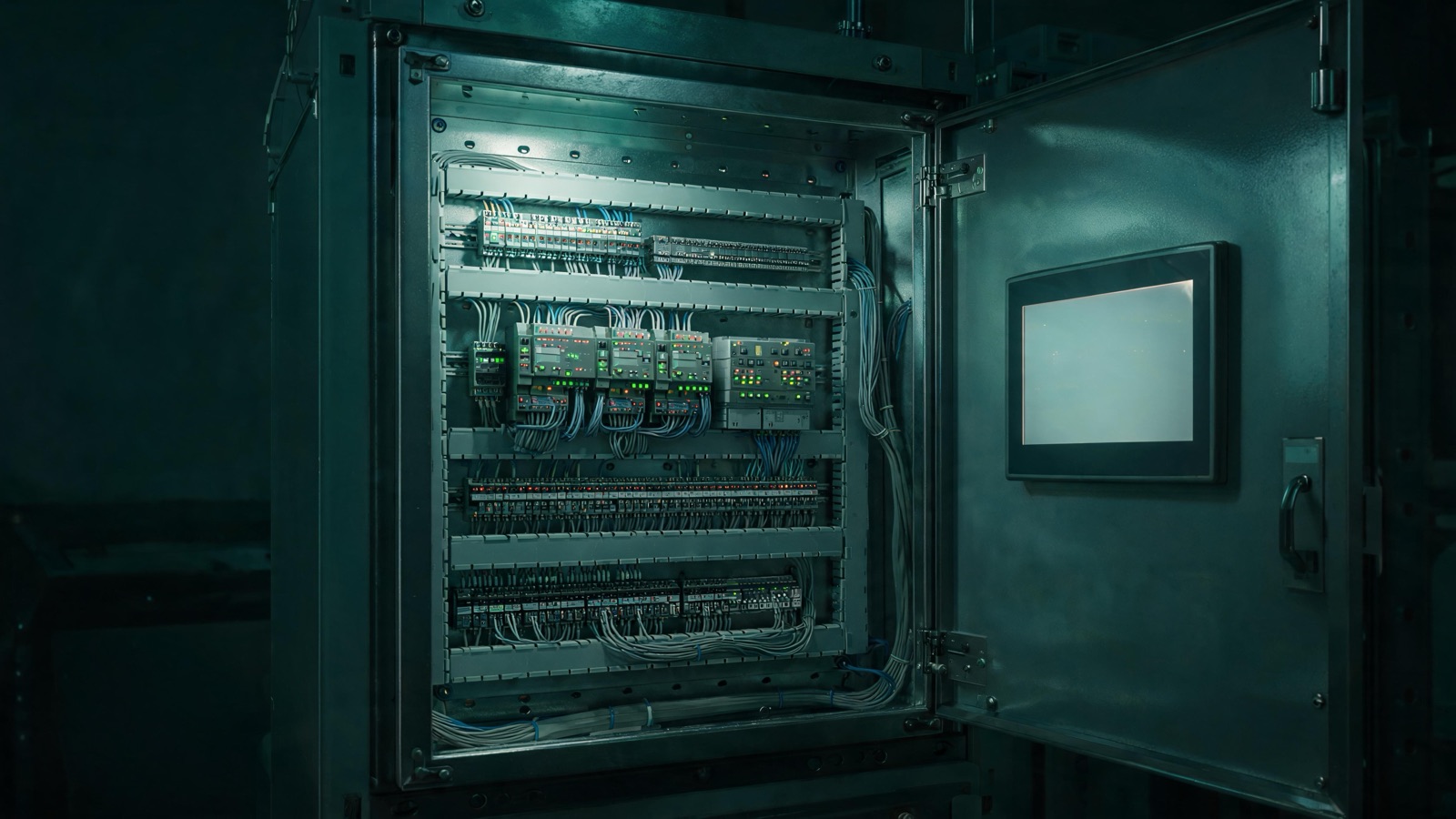 Open industrial control enclosure with PLC rack, tidy wire duct, terminal blocks, and glowing status LEDs