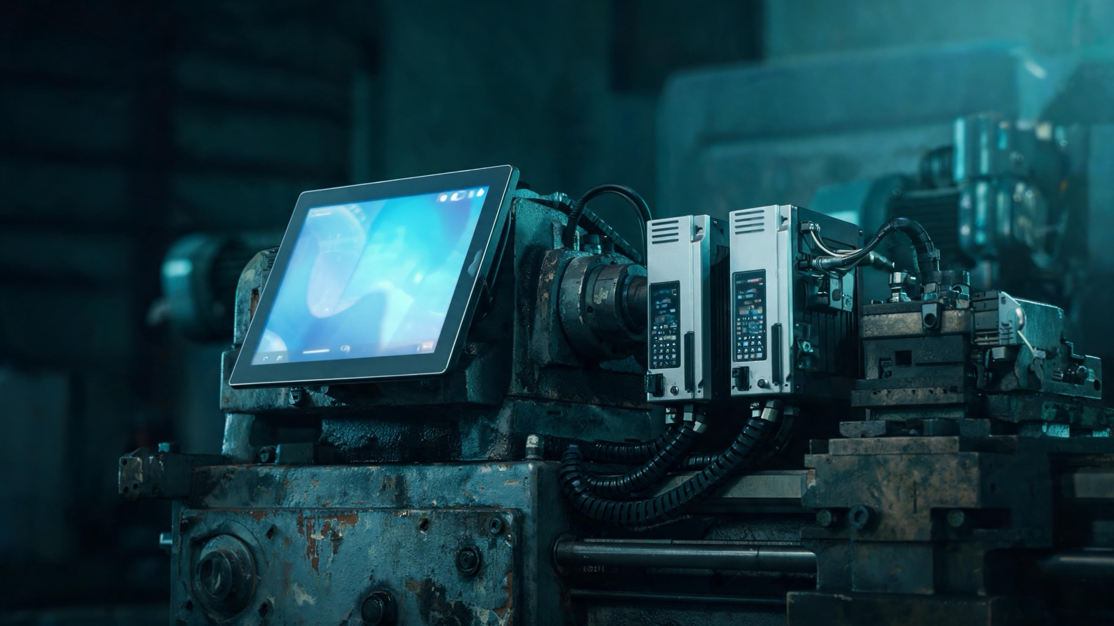 Legacy machine tool being modernized with a new touchscreen HMI, servo drives, and clean cable management